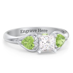 1/2 ct. Princess Gemstone Peek-A-Boo Engagement Ring with Heart Stones in 925 Sterling Silver with White Premium Zirconia and Peridot