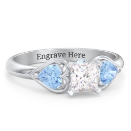 1/2 ct. Princess Gemstone Peek-A-Boo Engagement Ring with Heart Stones in 925 Sterling Silver with White Premium Zirconia and Blue Topaz