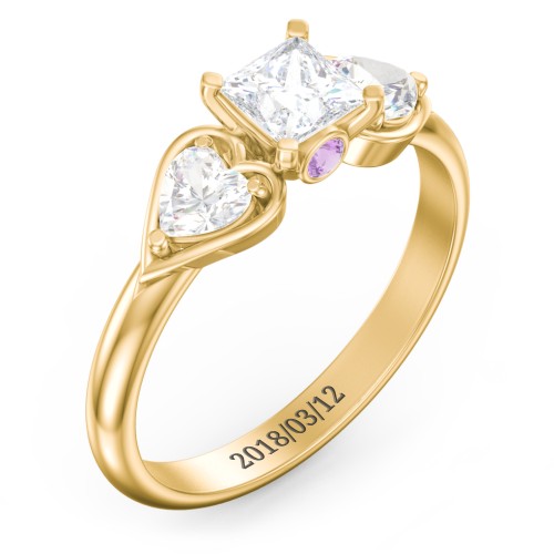 1/2 ct. Princess Gemstone Peek-A-Boo Engagement Ring with Heart Stones – 10K Yellow Gold with White Premium Zirconia, Cubic Zirconia, and Amethyst