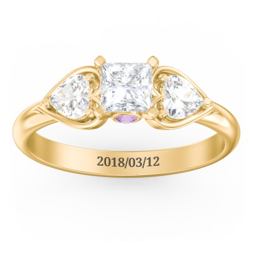 1/2 ct. Princess Gemstone Peek-A-Boo Engagement Ring with Heart Stones – 10K Yellow Gold with White Premium Zirconia, Cubic Zirconia, and Amethyst