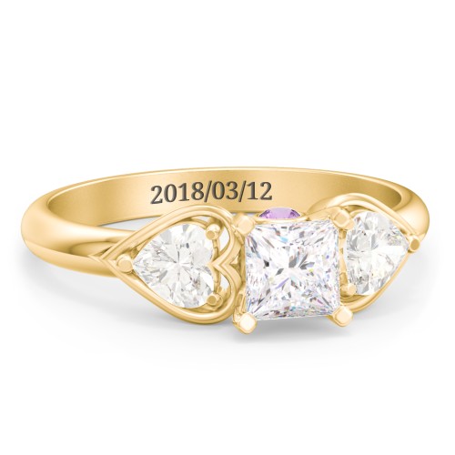 1/2 ct. Princess Gemstone Peek-A-Boo Engagement Ring with Heart Stones – 10K Yellow Gold with White Premium Zirconia, Cubic Zirconia, and Amethyst