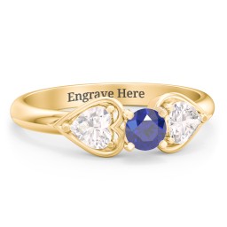 1/4 ct. Round Gemstone Engagement Ring with Heart Stones in 14K Solid Yellow Gold with Blue Sapphire and Cubic Zirconia