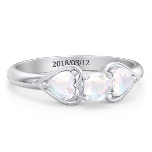 1/4 ct. Round Gemstone Engagement Ring with Heart Stones – Sterling Silver with Opal