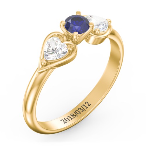 1/4 ct. Round Gemstone Engagement Ring with Heart Stones – 10K Yellow Gold with Blue Sapphire and Cubic Zirconia