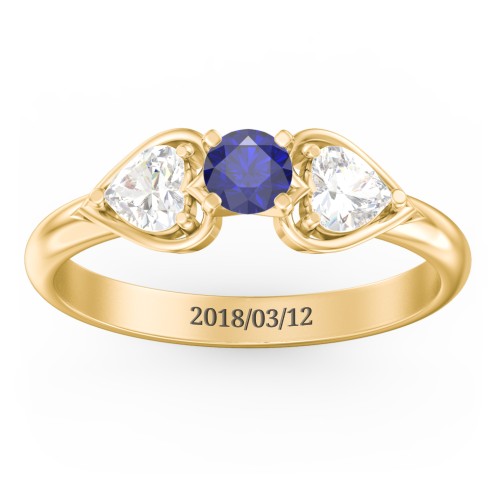 1/4 ct. Round Gemstone Engagement Ring with Heart Stones – 10K Yellow Gold with Blue Sapphire and Cubic Zirconia