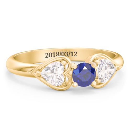 1/4 ct. Round Gemstone Engagement Ring with Heart Stones – 10K Yellow Gold with Blue Sapphire and Cubic Zirconia