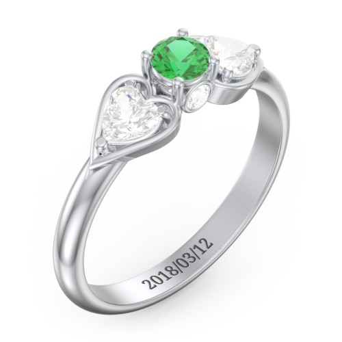 1/4 ct. Round Gemstone Peek-A-Boo Engagement Ring with Heart Stones – Sterling Silver with Emerald and Cubic Zirconia