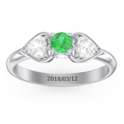 1/4 ct. Round Gemstone Peek-A-Boo Engagement Ring with Heart Stones – Sterling Silver with Emerald and Cubic Zirconia