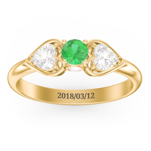 1/4 ct. Round Gemstone Peek-A-Boo Engagement Ring with Heart Stones – 10K Yellow Gold with Emerald and Cubic Zirconia
