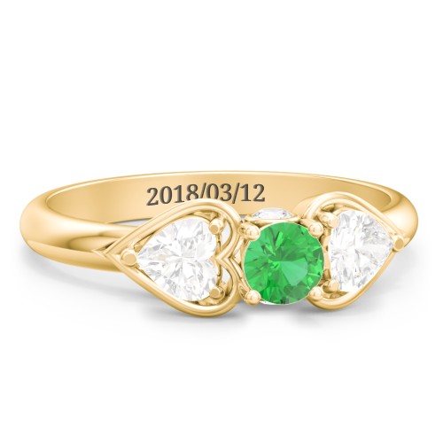 1/4 ct. Round Gemstone Peek-A-Boo Engagement Ring with Heart Stones – 10K Yellow Gold with Emerald and Cubic Zirconia