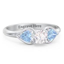 1/3 ct. Round Gemstone Engagement Ring with Heart Stones in 925 Sterling Silver with White Premium Zirconia and Blue Topaz