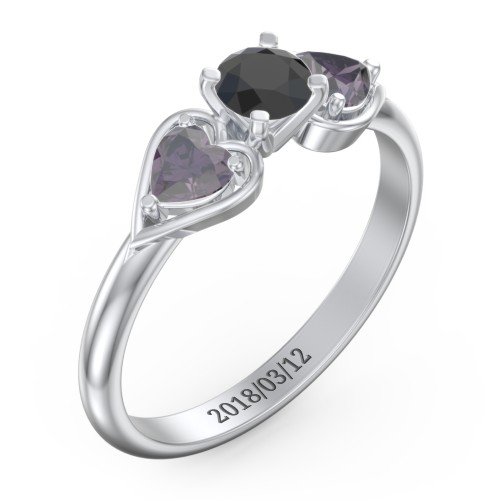 1/3 ct. Round Gemstone Engagement Ring with Heart Stones – Sterling Silver with Black Premium Zirconia and Alexandrite