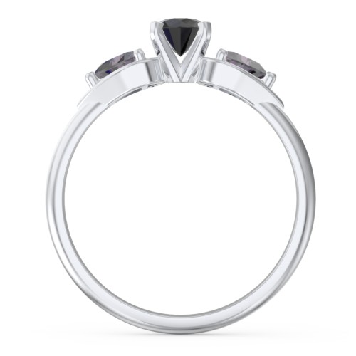 1/3 ct. Round Gemstone Engagement Ring with Heart Stones – Sterling Silver with Black Premium Zirconia and Alexandrite