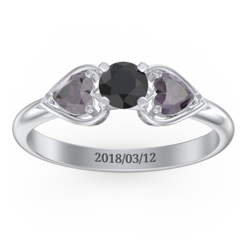 1/3 ct. Round Gemstone Engagement Ring with Heart Stones – Sterling Silver with Black Premium Zirconia and Alexandrite