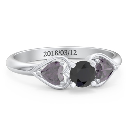 1/3 ct. Round Gemstone Engagement Ring with Heart Stones – Sterling Silver with Black Premium Zirconia and Alexandrite