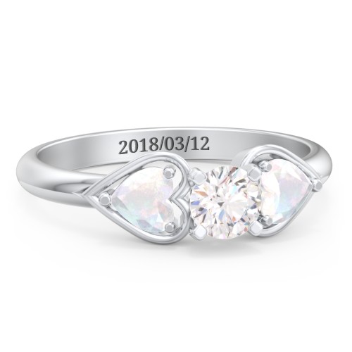 1/3 ct. Round Gemstone Engagement Ring with Heart Stones – Sterling Silver with White Premium Zirconia and Opal