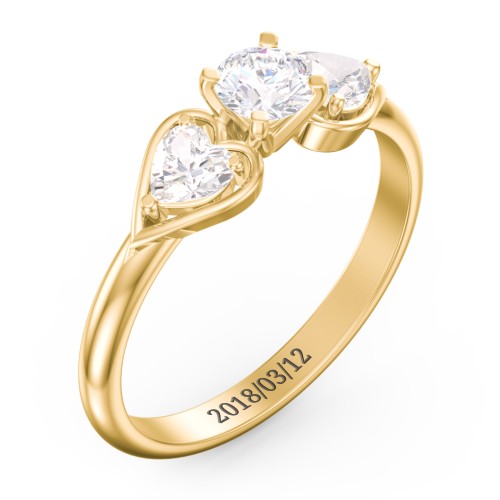 1/3 ct. Round Gemstone Engagement Ring with Heart Stones – 10K Yellow Gold with White Premium Zirconia and Cubic Zirconia