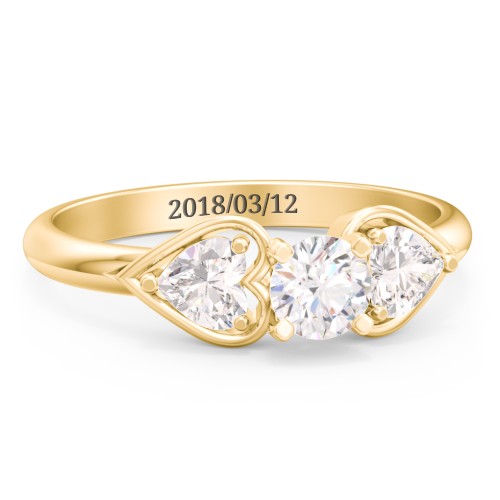 1/3 ct. Round Gemstone Engagement Ring with Heart Stones – 10K Yellow Gold with White Premium Zirconia and Cubic Zirconia