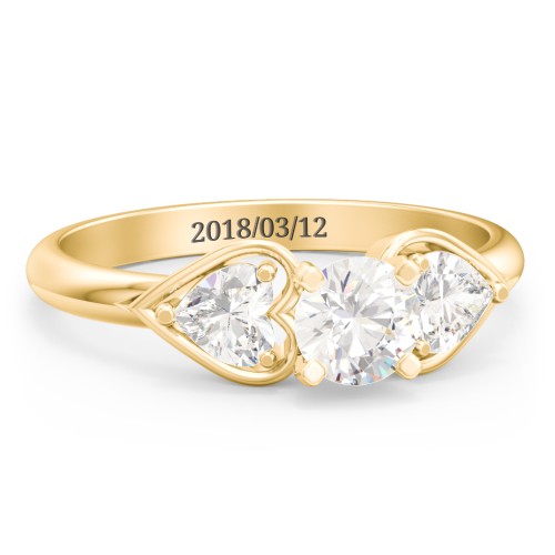 1/2 ct. Round Gemstone Engagement Ring with Heart Stones – 10K Yellow Gold with Cubic Zirconia