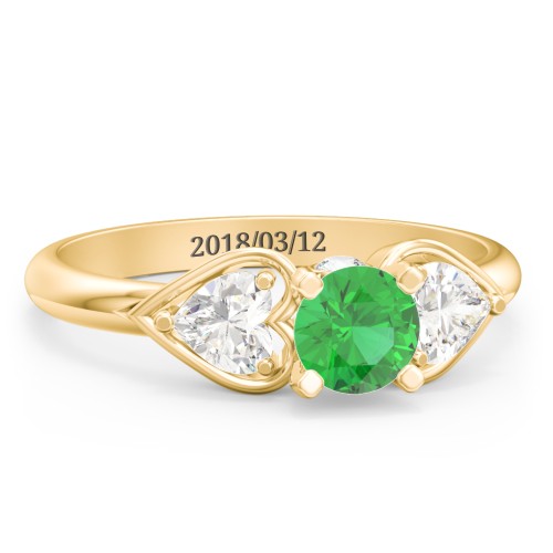 1/2 ct. Round Gemstone Peek-A-Boo Engagement Ring with Heart Stones – 10K Yellow Gold with Emerald and Cubic Zirconia