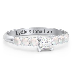 1/4 ct. Princess Gemstone Engagement Ring with Side Gemstones in 925 Sterling Silver with White Premium Zirconia and Opal