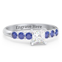 1/2 ct. Princess Gemstone Engagement Ring with Side Gemstones in 925 Sterling Silver with White Premium Zirconia and Blue Sapphire