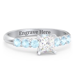 1/2 ct. Princess Gemstone Peek-A-Boo Engagement Ring with Side Gemstones in 925 Sterling Silver with White Premium Zirconia and Blue Topaz