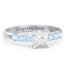 1/2 ct. Princess Gemstone Peek-A-Boo Engagement Ring with Side Gemstones in 925 Sterling Silver with White Premium Zirconia and Blue Topaz
