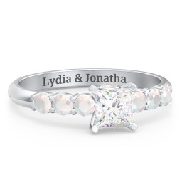 1/2 ct. Princess Gemstone Peek-A-Boo Engagement Ring with Side Gemstones in 925 Sterling Silver with White Premium Zirconia and Opal