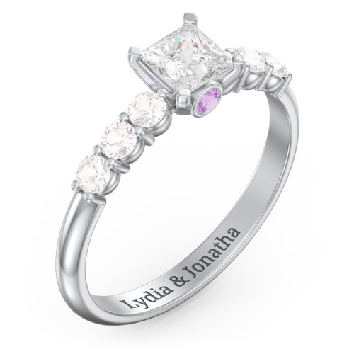 1/2 ct. Princess Gemstone Peek-A-Boo Engagement Ring with Side Gemstones – Sterling Silver with White Premium Zirconia, Cubic Zirconia, and Amethyst