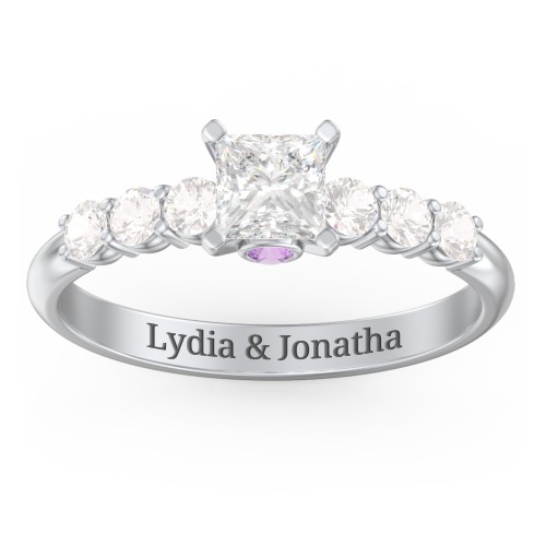 1/2 ct. Princess Gemstone Peek-A-Boo Engagement Ring with Side Gemstones – 10K White Gold with White Premium Zirconia, Cubic Zirconia, and Amethyst