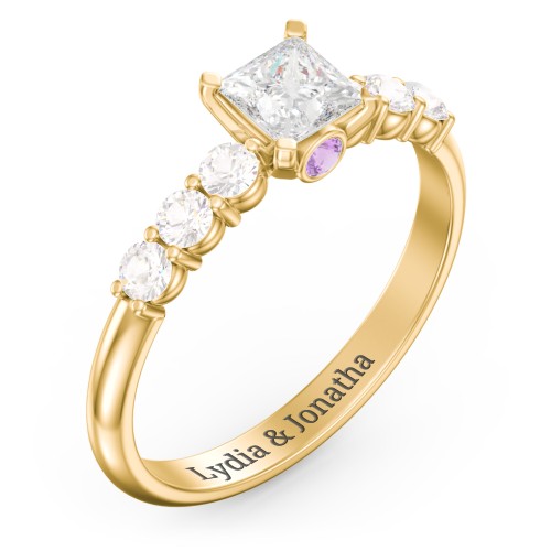 1/2 ct. Princess Gemstone Peek-A-Boo Engagement Ring with Side Gemstones – 10K Yellow Gold with White Premium Zirconia, Cubic Zirconia, and Amethyst