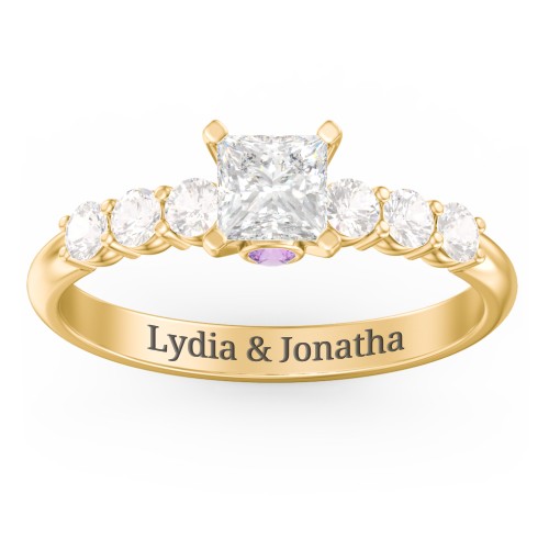 1/2 ct. Princess Gemstone Peek-A-Boo Engagement Ring with Side Gemstones – 10K Yellow Gold with White Premium Zirconia, Cubic Zirconia, and Amethyst