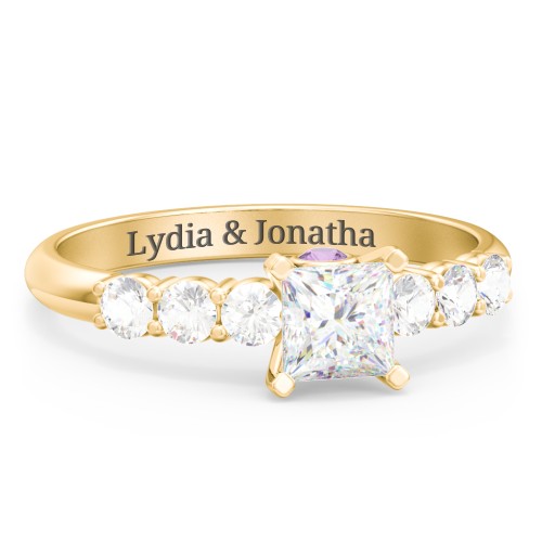 1/2 ct. Princess Gemstone Peek-A-Boo Engagement Ring with Side Gemstones – 10K Yellow Gold with White Premium Zirconia, Cubic Zirconia, and Amethyst
