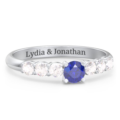 1/4 ct. Round Gemstone Engagement Ring with Side Gemstones – 10K White Gold with Blue Sapphire and Cubic Zirconia