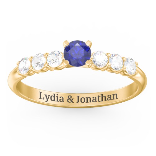 1/4 ct. Round Gemstone Engagement Ring with Side Gemstones – 10K Yellow Gold with Blue Sapphire and Cubic Zirconia