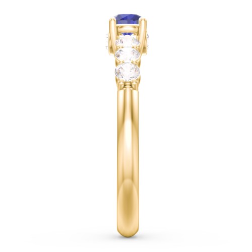 1/4 ct. Round Gemstone Peek-A-Boo Engagement Ring with Side Gemstones – 10K Yellow Gold with Blue Sapphire and Cubic Zirconia