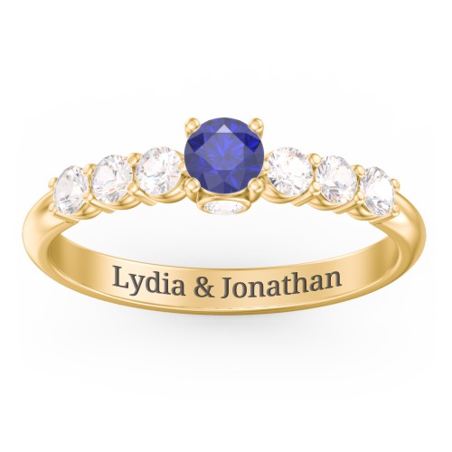 1/4 ct. Round Gemstone Peek-A-Boo Engagement Ring with Side Gemstones – 10K Yellow Gold with Blue Sapphire and Cubic Zirconia