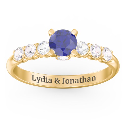 1/2 ct. Round Gemstone Peek-A-Boo Engagement Ring with Side Gemstones – 10K Yellow Gold with Blue Sapphire and Cubic Zirconia