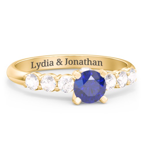 1/2 ct. Round Gemstone Peek-A-Boo Engagement Ring with Side Gemstones – 10K Yellow Gold with Blue Sapphire and Cubic Zirconia