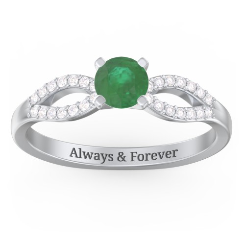 1/2 ct. Round Gemstone Split Engagement Ring with Accents – Sterling Silver with Emerald and Diamond