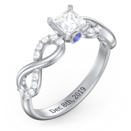 1/2 ct. Princess Gemstone Infinity Peek-A-Boo Engagement Ring with Accent Stones – Sterling Silver with White Premium Zirconia and Blue Sapphire