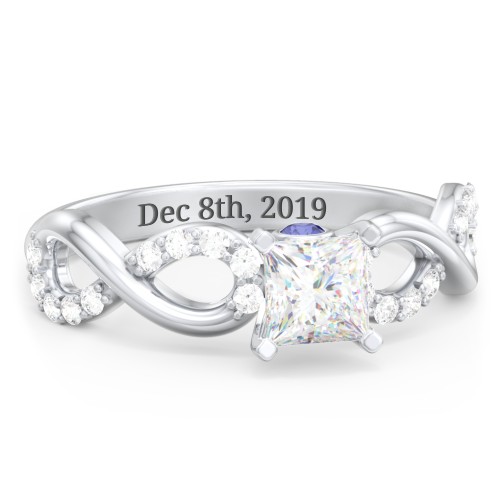 1/2 ct. Princess Gemstone Infinity Peek-A-Boo Engagement Ring with Accent Stones – Sterling Silver with White Premium Zirconia and Blue Sapphire