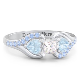 1/4 ct. Princess Gemstone Engagement Ring with Heart Stones & Accents Stones in 925 Sterling Silver with White Premium Zirconia, Aquamarine, and Fancy Blue Premium Zirconia