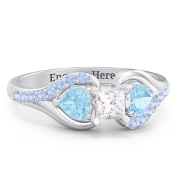 1/4 ct. Princess Gemstone Engagement Ring with Heart Stones & Accents Stones in 925 Sterling Silver with White Premium Zirconia, Blue Topaz, and Fancy Blue Premium Zirconia