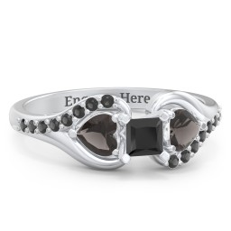 1/4 ct. Princess Gemstone Engagement Ring with Heart Stones & Accents Stones in 925 Sterling Silver with Black Premium Zirconia and Smokey Quartz