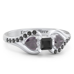 1/4 ct. Princess Gemstone Engagement Ring with Heart Stones & Accents Stones in 925 Sterling Silver with Black Premium Zirconia and Alexandrite