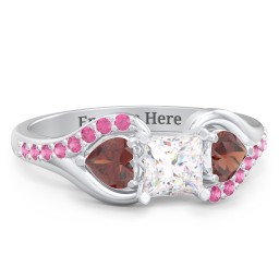 1/2 ct. Princess Gemstone Engagement Ring with Heart Stones & Accents Stones in 925 Sterling Silver with White Premium Zirconia, Garnet, and Red Premium Zirconia
