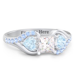 1/2 ct. Princess Gemstone Engagement Ring with Heart Stones & Accents Stones in 925 Sterling Silver with White Premium Zirconia, Aquamarine, and Fancy Blue Premium Zirconia