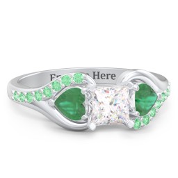 1/2 ct. Princess Gemstone Engagement Ring with Heart Stones & Accents Stones in 925 Sterling Silver with White Premium Zirconia, Emerald, and Green Premium Zirconia